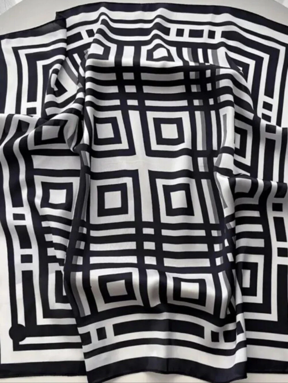 Silk-feel Black & White Geometric Silk Scarf